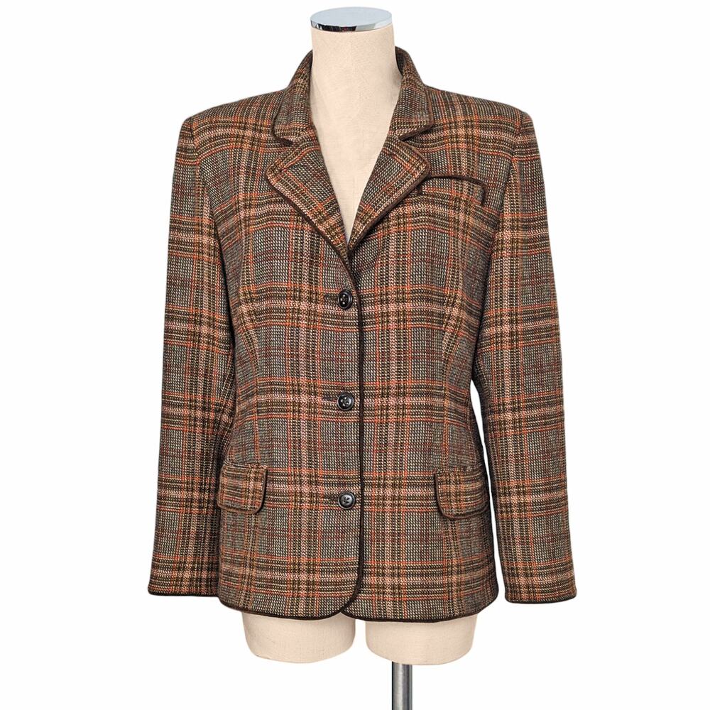 RON LEAL 100% Wool Plaid Brown Orange Tone Blazer Jacket 12